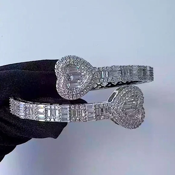Open Heart Silver Baguette Iced Out Cubic Zircon Diamond Bangle Cuff Bra… - Picture 12 of 13